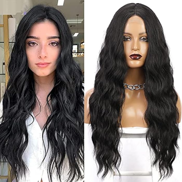 DILLARDS Long Black Wavy Wigs For Women, Tantako Long Black Synthetic Hair Wig With Small Lace, Black Halloween Cosplay Wig - Image 4